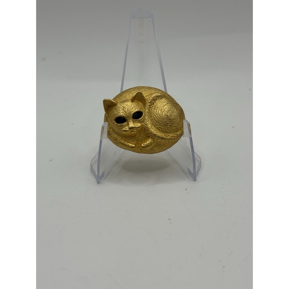 Piscitelli Vintage Sleeping Cat Brooch Gold Tone Green Eyes Figural Pin Brooch